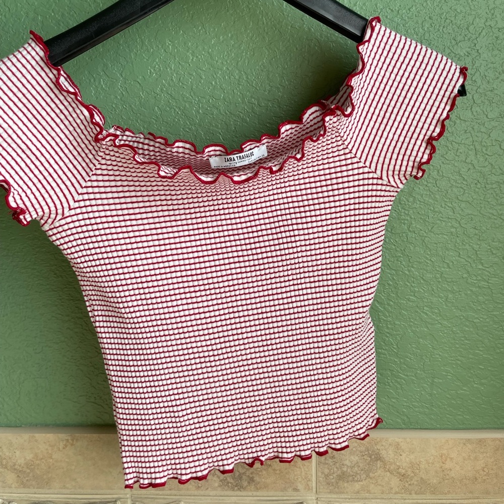 Zara off the shoulder red and white strip crop top
